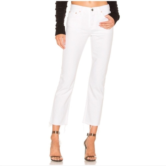 GRLFRND Tatum Button Fly Mid Rise Raw Hem White Denim Ankle Jeans- Size 26 - Picture 2 of 16
